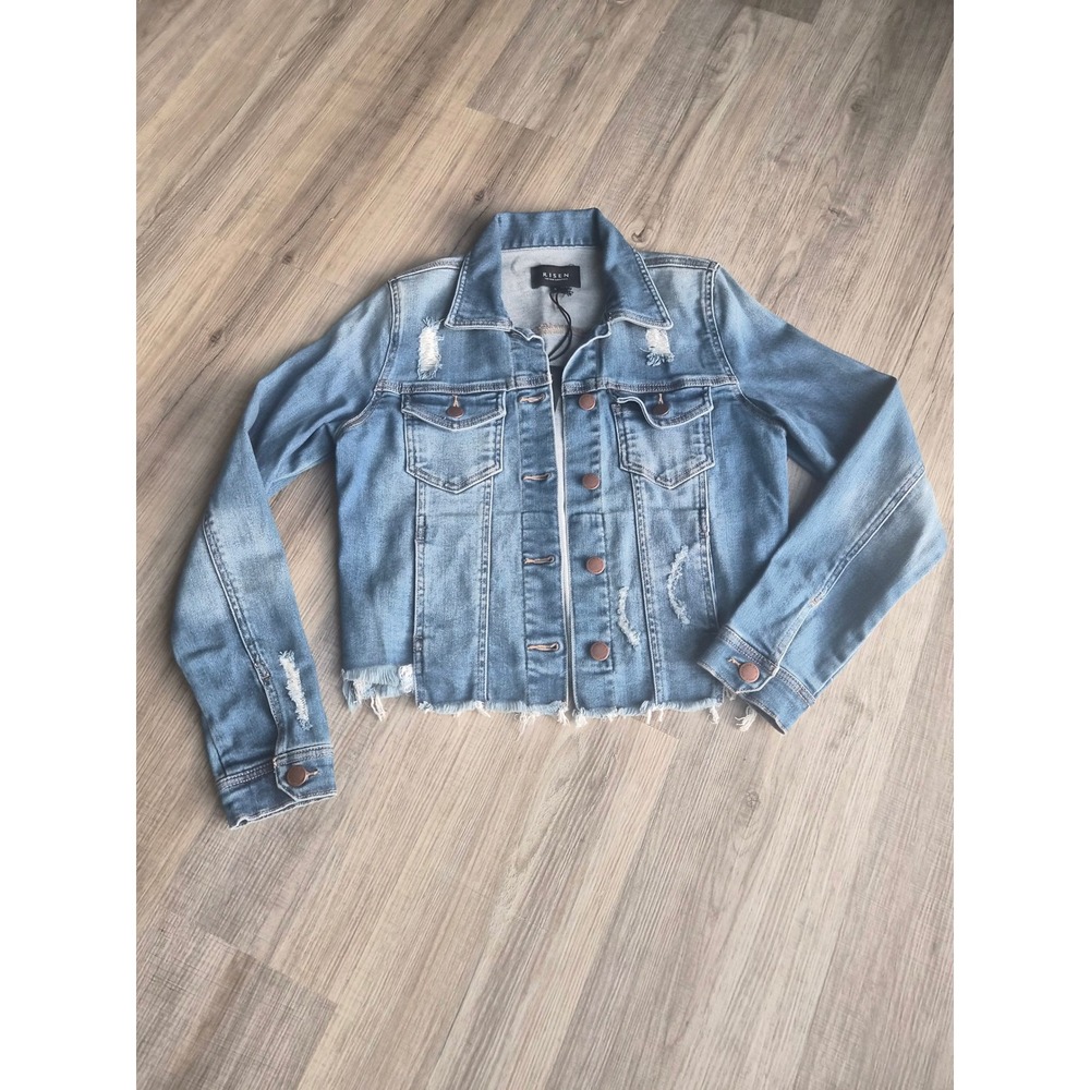 Risen Los Angeles Distressed Denim Jacket Medium Wash Raw Hem RDJ1119 Womens S